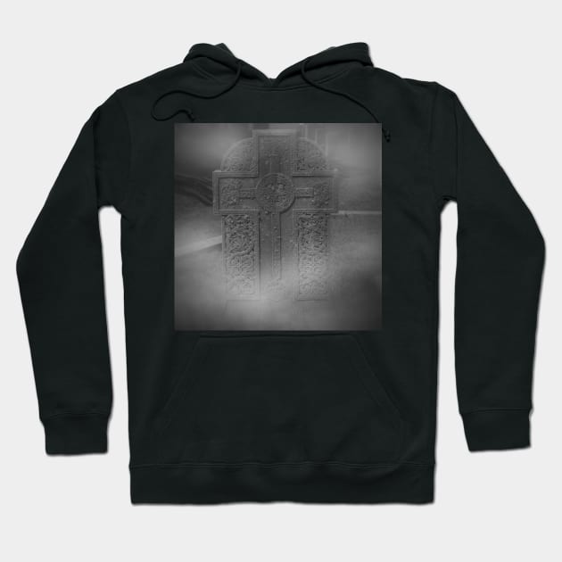 Celtic Cross Tombstone Statue in Fog Hoodie by Wanderer Bat